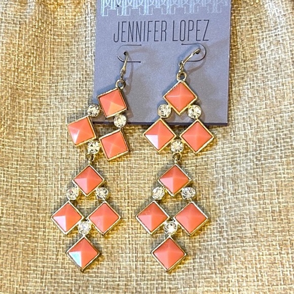 Jennifer Lopez Orange and Gold Geometric Hanging Earrings - Picture 1 of 9